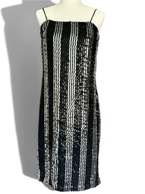 Gina Bacconi Vintage Sequin Cocktail Slip Dress | Size 8 | Black Silver Stripe